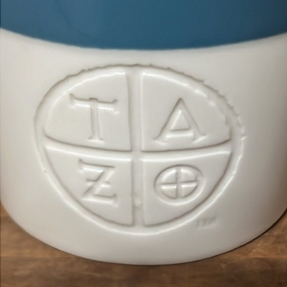 STARBUCKS 2011 Tazo Tea turquoise blue & bone white mug slant top 3 3/4” tall - Picture 4 of 10